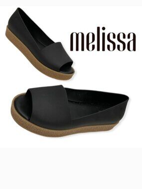 Melissa Puzzle Ad Peep Toe Platform Shoes Slip On Casual Flats Black Size 7 EUC